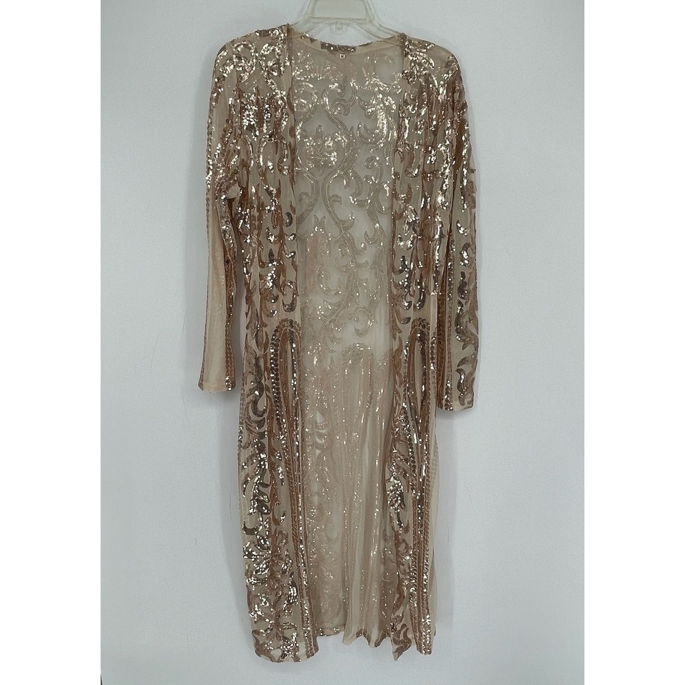 Women's Gold Sequin Mesh Duster Cardigan Longline Sheer Kimono Jacket Size M